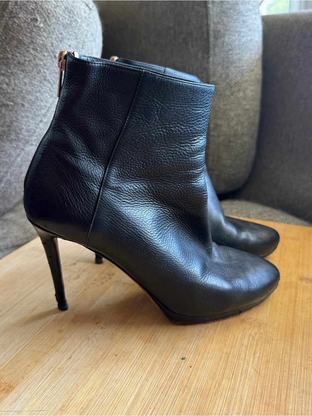 Jimmy Choo Black Leather Stiletto Ankle Booties Back Zip Platform Size 40